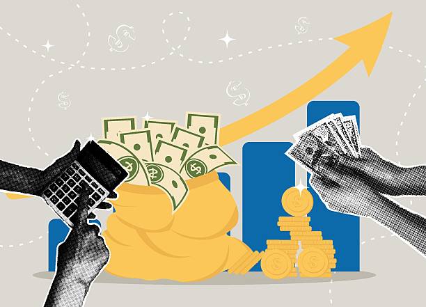 Trendy halftone collage. Concept of financial growth and investment. Concept of savings, sales chart, transactions. Vector illustration